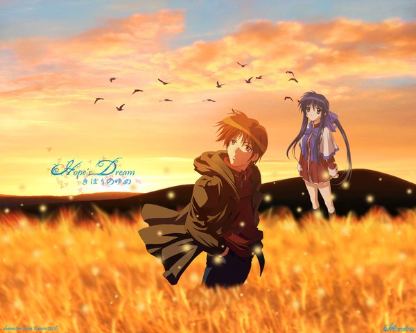 Anime picture 1280x1024 with kanon key (studio) kawasumi mai aizawa yuuichi long hair short hair brown hair brown eyes signed looking away sky purple hair cloud (clouds) outdoors copyright name evening sunset third-party edit hands in pockets field