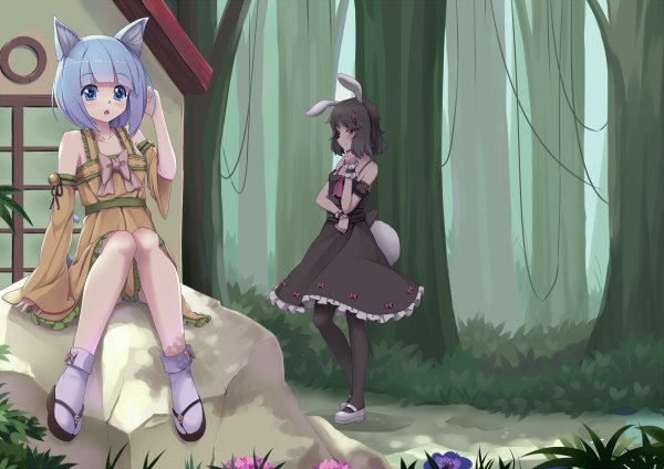 Anime picture 1200x848 with original sonikey0 0 short hair open mouth blue eyes black hair sitting bare shoulders multiple girls animal ears blue hair cat ears cat girl bunny ears bunny girl girl dress flower (flowers) 2 girls plant (plants)