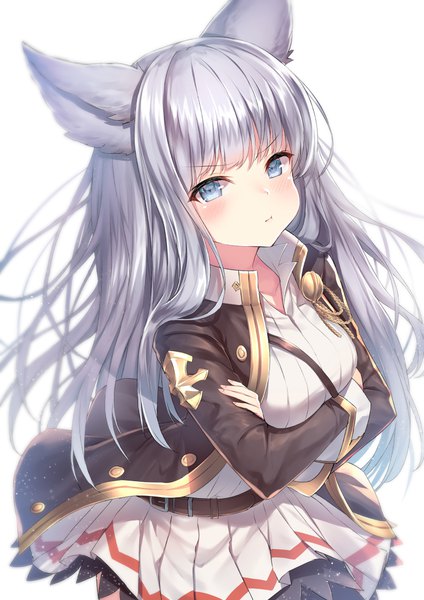 Anime-Bild 800x1131 mit granblue fantasy korwa (granblue fantasy) topia single long hair tall image looking at viewer blush fringe breasts blue eyes simple background standing white background animal ears silver hair blunt bangs pleated skirt open jacket crossed arms