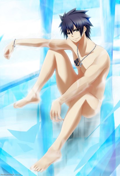 Anime picture 1000x1457 with fairy tail gray fullbuster blackrabbit0626 single tall image short hair light erotic black hair smile grey eyes tattoo light muscle boy cross ice