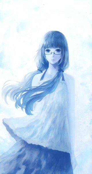 Anime picture 1080x2025 with original bounin single long hair tall image looking at viewer fringe standing twintails wind lips alternate costume low twintails monochrome girl skirt glasses scrunchie hair tie long skirt