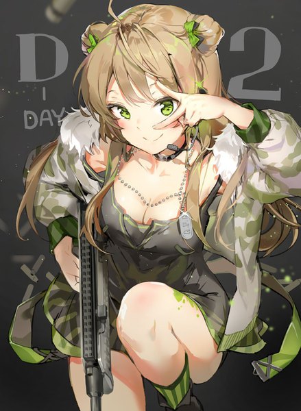 Anime picture 800x1092 with girls frontline rfb (girls frontline) anmi single long hair tall image looking at viewer blush fringe breasts light erotic simple background smile brown hair holding green eyes cleavage ahoge from above grey background