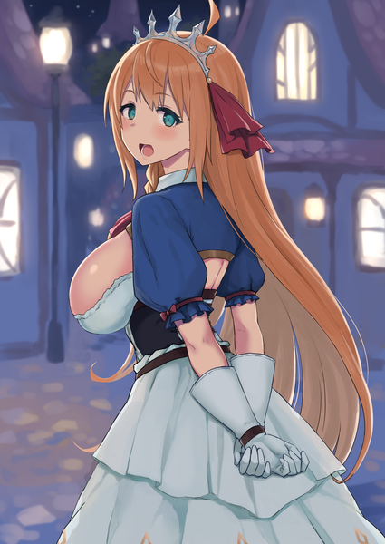 Anime picture 1075x1518 with princess connect! re:dive princess connect! pecorine (princess connect!) go-m single tall image looking at viewer blush fringe breasts open mouth blue eyes light erotic hair between eyes large breasts standing outdoors braid (braids) very long hair looking back