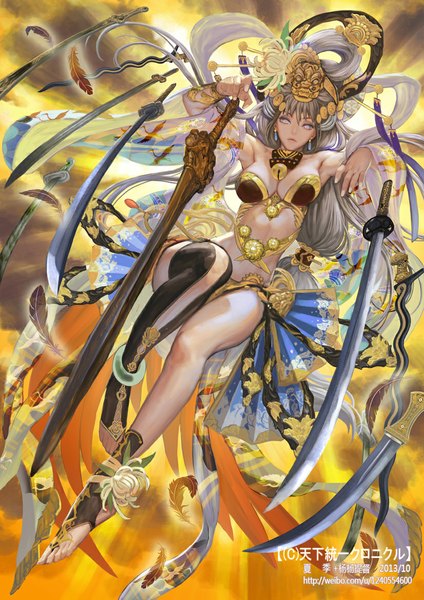 Anime picture 827x1169 with original xiaji single long hair tall image looking at viewer light erotic pink eyes grey hair text fantasy midair girl hair ornament flower (flowers) weapon sword feather (feathers)