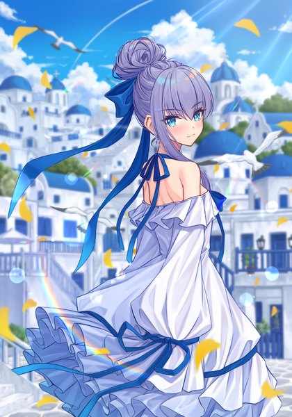 Anime picture 1181x1688 with fate (series) fate/grand order fate/extra fate/extra ccc meltryllis (fate) hoodier single tall image looking at viewer blush short hair blue eyes standing bare shoulders sky purple hair cloud (clouds) outdoors long sleeves sunlight