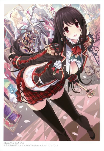 Anime picture 2406x3475 with original mikoto akemi single long hair tall image blush highres open mouth black hair red eyes scan zettai ryouiki girl thighhighs dress skirt gloves black thighhighs petals fingerless gloves