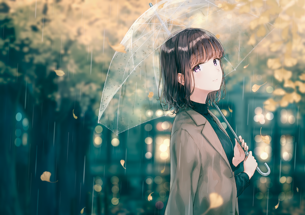 Anime picture 1414x1000 with original hiten (hitenkei) single looking at viewer blush fringe short hair black hair standing purple eyes holding outdoors blunt bangs long sleeves blurry depth of field tears lens flare rain crying