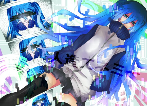Anime picture 1740x1260 with vocaloid hatsune miku saya7 single long hair highres twintails blue hair aqua eyes hands in pockets girl thighhighs skirt black thighhighs miniskirt