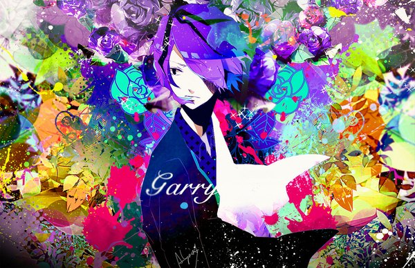 Anime picture 1000x648 with ib (game) garry (ib) alyssa single fringe short hair signed purple hair wind black eyes hair over one eye inscription open collar boy flower (flowers) shirt rose (roses) leaf (leaves)