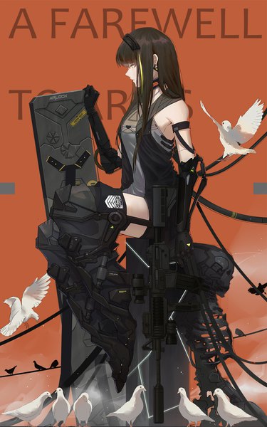 Anime picture 1000x1600 with girls frontline m4a1 (girls frontline) czcz12321 single long hair tall image fringe simple background hair between eyes brown hair sitting holding yellow eyes payot looking away full body profile multicolored hair two-tone hair streaked hair