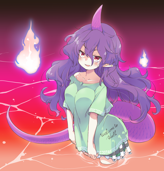 Anime picture 852x889 with touhou tenkajin chiyari tanasuke single long hair tall image fringe hair between eyes red eyes purple hair tail horn (horns) from above pointy ears text partially submerged english messy hair girl flame