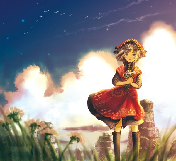 Anime picture 1135x1035 with original sugi (artist) looking at viewer blush short hair open mouth blue eyes blonde hair sky cloud (clouds) wind girl dress flower (flowers) animal bird (birds) thigh boots dandelion