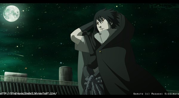 Anime picture 1024x565 with naruto studio pierrot naruto (series) uchiha sasuke iitheyahikodarkii single short hair black hair wide image black eyes night sky coloring letterboxed shooting star boy star (stars) cloak full moon