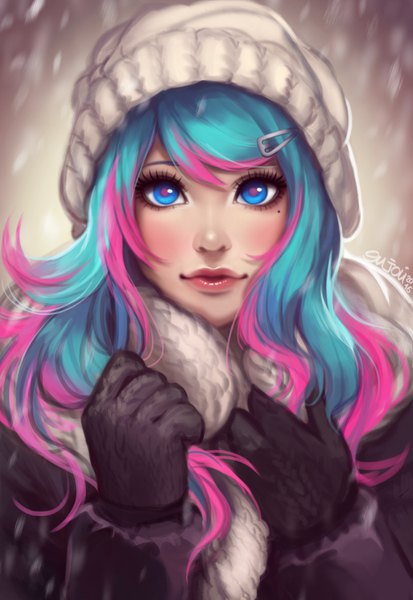 Anime picture 800x1161 with original amber (enijoi) enijoi single long hair tall image looking at viewer fringe blue eyes blue hair pink hair lips mole mole under eye lipstick snowing eyeshadow girl gloves hat