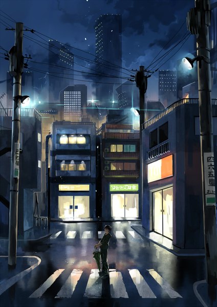 Anime picture 1240x1753 with original kyouichi single tall image short hair black hair standing eyes closed grin city evening scenic casual closed umbrella boy building (buildings) umbrella power lines road