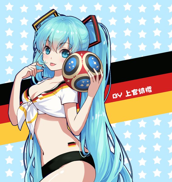 Anime picture 1104x1165 with vocaloid world cup 2018 fifa world cup hatsune miku shangguan feiying single long hair tall image looking at viewer fringe light erotic hair between eyes twintails holding signed aqua eyes aqua hair :p front-tie top girl
