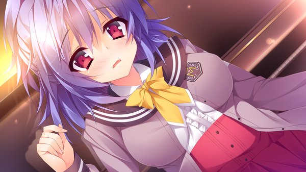 Anime picture 1280x720 with shukufuku no kane no oto wa nishikujou kanon anapom blush short hair red eyes wide image blue hair game cg girl uniform serafuku