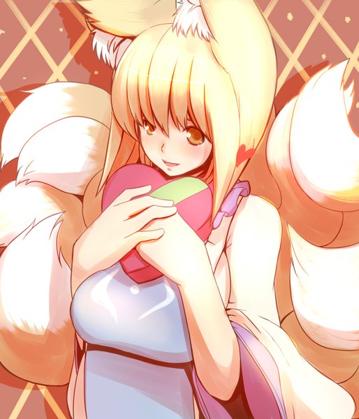 Anime picture 1200x1400 with touhou yakumo ran dearmybrothers single tall image fringe short hair breasts blonde hair holding animal ears animal tail orange eyes fox ears fox tail fox girl happy multiple tails girl