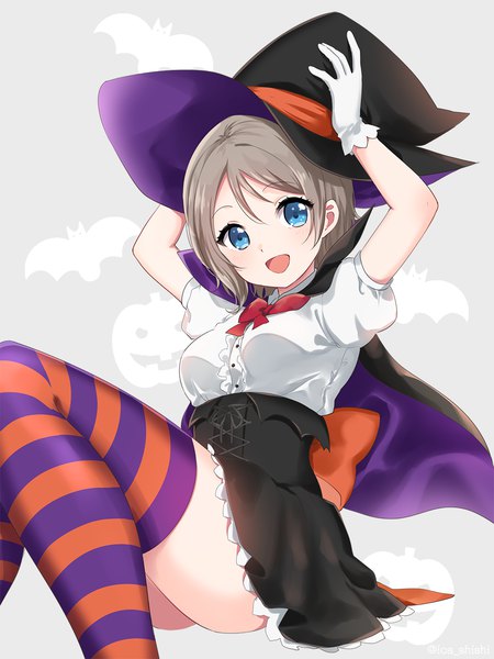 Anime picture 950x1267 with love live! sunshine!! sunrise (studio) love live! watanabe you ica single tall image looking at viewer short hair open mouth blue eyes :d grey hair arms up puffy sleeves halloween girl thighhighs skirt gloves