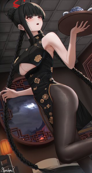 Anime picture 2464x4646 with blue archive rio (blue archive) yamikyon single tall image blush fringe highres breasts light erotic red eyes large breasts standing bare shoulders holding signed looking away indoors blunt bangs braid (braids)