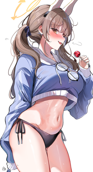 Anime-Bild 3575x6572 mit blue archive moe (blue archive) moe (swimsuit) (blue archive) sak (lemondisk) single long hair tall image looking at viewer blush fringe highres breasts open mouth light erotic simple background smile brown hair standing white background twintails