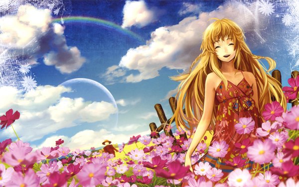 Anime picture 3272x2057 with original pixiv girls collection siro single long hair highres blonde hair smile brown hair standing bare shoulders absurdres sky cloud (clouds) braid (braids) eyes closed landscape summer girl dress