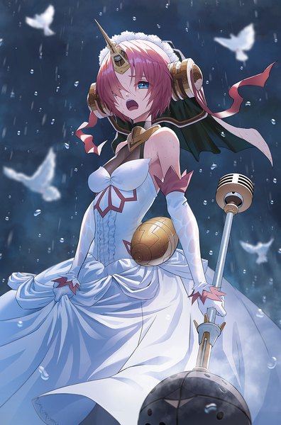 Anime picture 991x1499 with fate (series) fate/grand order frankenstein's monster (fate) sion (9117) single tall image looking at viewer fringe short hair breasts open mouth blue eyes standing bare shoulders holding pink hair horn (horns) hair over one eye night from below