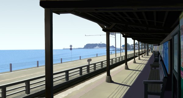 Anime picture 1246x672 with original sentzk wide image horizon no people sea bench road traffic sign