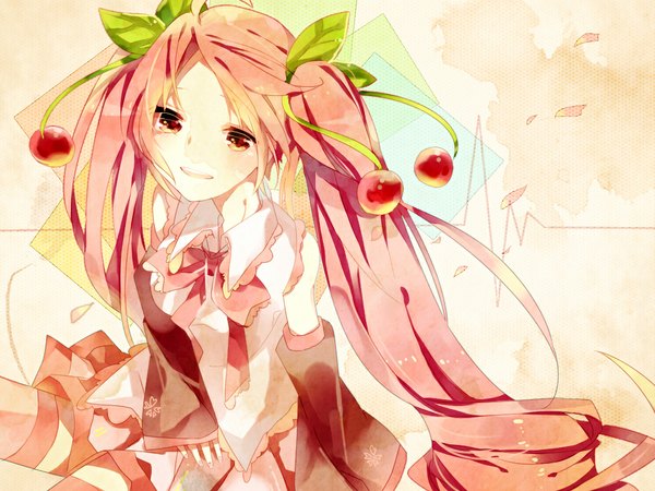 Anime picture 1024x768 with vocaloid hatsune miku sakura miku omutatsu single long hair open mouth red eyes sitting twintails pink hair girl detached sleeves petals food berry (berries) cherry