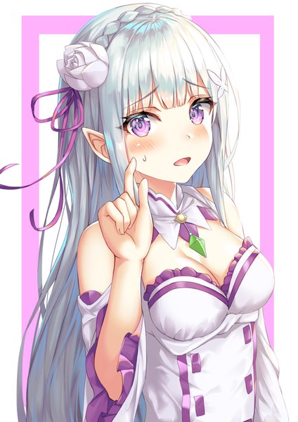 Anime picture 4960x7016 with re:zero kara hajimeru isekai seikatsu white fox emilia (re:zero) kokose single long hair tall image looking at viewer blush fringe highres breasts open mouth simple background bare shoulders payot absurdres cleavage silver hair upper body