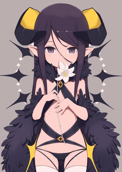 Anime picture 1000x1412 with original gamuo single long hair tall image looking at viewer blush fringe light erotic simple background hair between eyes brown hair standing holding brown eyes payot horn (horns) pointy ears grey background fur trim