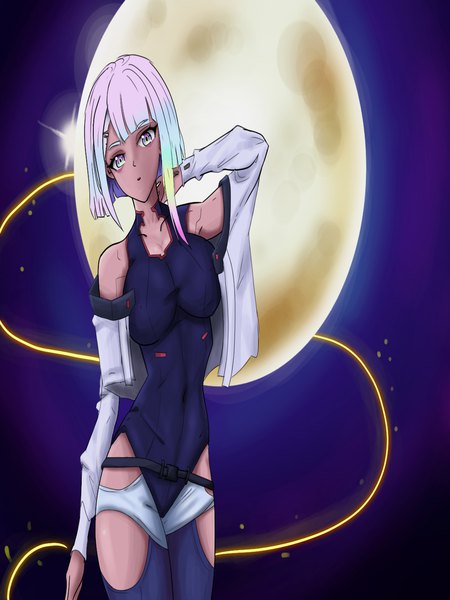 Anime picture 1080x1440 with cyberpunk edgerunners studio trigger lucy (cyberpunk) rainbow d fox single tall image looking at viewer fringe short hair breasts light erotic standing white hair blunt bangs long sleeves head tilt arm up off shoulder open jacket covered navel