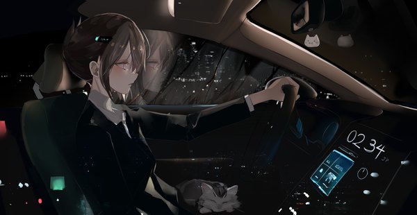 Anime picture 3118x1616 with original dleung single blush fringe highres short hair hair between eyes brown hair wide image sitting payot looking away profile night night sky city reflection cityscape car interior