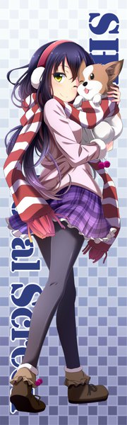 Anime picture 300x1000 with original sui. (ayase) long hair tall image looking at viewer blush smile yellow eyes blue hair full body pleated skirt one eye closed looking back inscription hug gradient background plaid skirt frilly skirt checkered checkered background