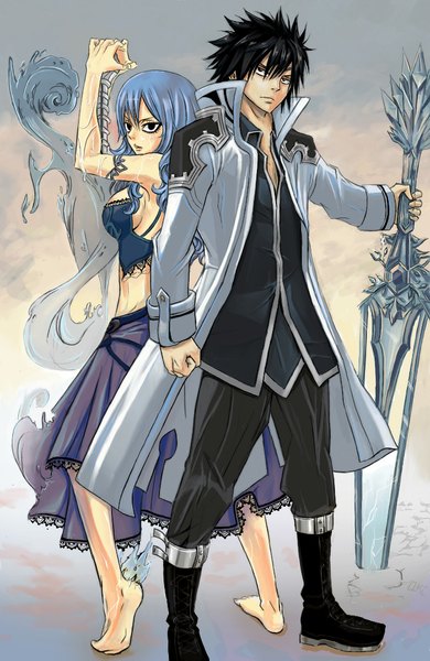 Anime picture 688x1057 with fairy tail gray fullbuster juvia lockser doubleragnarok (artist) long hair tall image looking at viewer short hair black hair standing bare shoulders holding blue hair barefoot black eyes bare belly coloring wavy hair fighting stance spiked hair