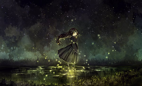 Anime picture 900x550 with original mint5464 long hair looking at viewer fringe black hair wide image standing cloud (clouds) night night sky girl dress plant (plants) water black dress insect star (stars) grass fireflies