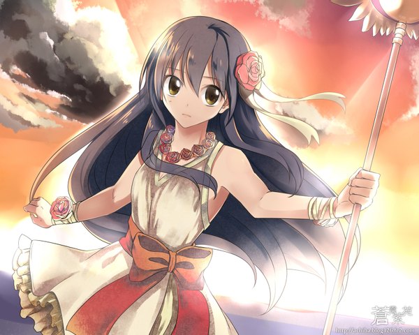 Anime picture 1600x1280 with fairy tail wendy marvell achiba (artist) single long hair black hair yellow eyes sky cloud (clouds) hair flower sunlight evening sunset girl dress hair ornament bow weapon rose (roses) staff