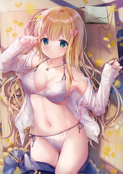 Anime picture 2852x4037 with original inagaki minami sousouman single long hair tall image looking at viewer blush fringe highres breasts light erotic blonde hair large breasts green eyes cleavage lying blunt bangs from above on back