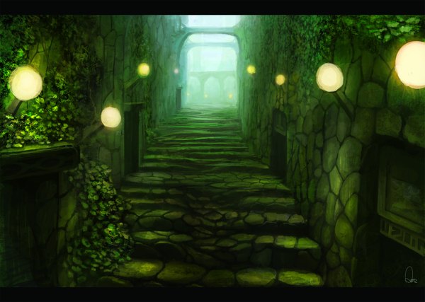 Anime picture 1543x1100 with original shimizu (pixiv) no people landscape fantasy plant (plants) lantern stairs door hall