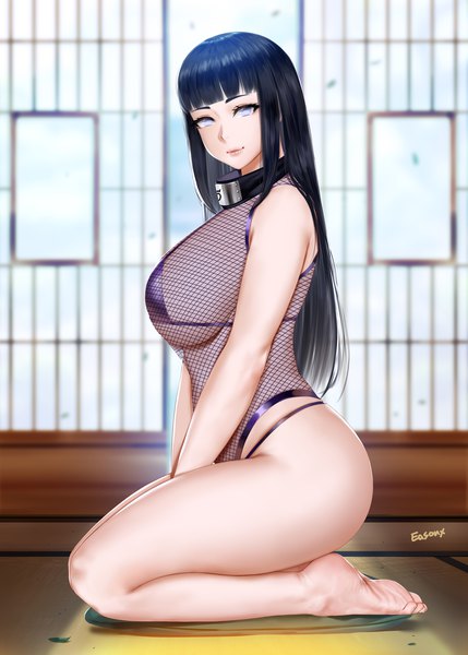 Anime picture 1250x1750 with naruto studio pierrot naruto (series) hyuuga hinata easonx single long hair tall image looking at viewer fringe light erotic black hair sitting signed full body indoors blunt bangs barefoot bare legs turning head