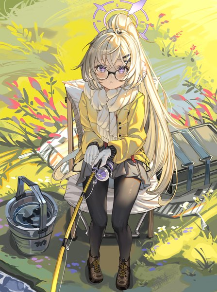 Anime picture 1832x2459 with blue archive kotama (blue archive) kotama (camp) (blue archive) al guang single long hair tall image looking at viewer fringe highres blonde hair hair between eyes sitting purple eyes full body outdoors ponytail from above official alternate costume girl