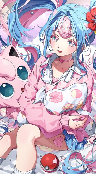 Anime picture 2627x4767 with pokemon vocaloid nintendo project voltage hatsune miku jigglypuff fairy miku (project voltage) husan single tall image highres open mouth sitting twintails blue hair pink hair very long hair nail polish :d multicolored hair