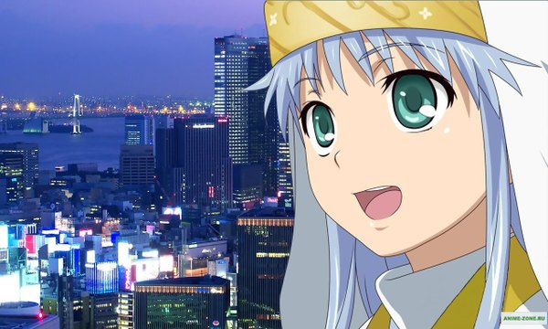 Anime picture 1280x768 with to aru majutsu no index j.c. staff index single long hair fringe open mouth wide image payot blue hair looking away outdoors aqua eyes night night sky city happy close-up cityscape face