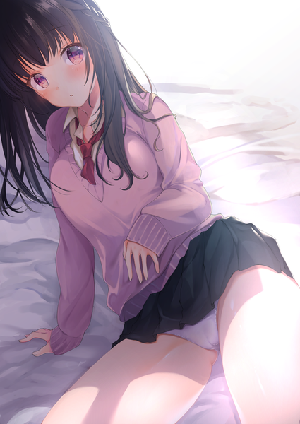 Anime picture 1600x2259 with original dropb single long hair tall image looking at viewer blush fringe breasts open mouth light erotic black hair white background sitting purple eyes braid (braids) pleated skirt arm support shadow pantyshot