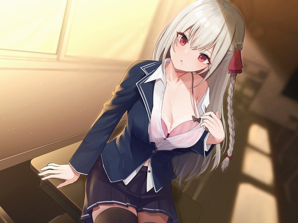 Anime picture 2000x1500 with original amrita (amber78gou) single long hair looking at viewer blush fringe highres breasts open mouth light erotic hair between eyes red eyes large breasts sitting payot cleavage silver hair indoors braid (braids)