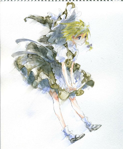 Anime picture 1071x1304 with touhou kirisame marisa sugi (artist) single tall image short hair blue eyes blonde hair simple background white background single braid traditional media watercolor (medium) photo (medium) girl socks white socks witch hat