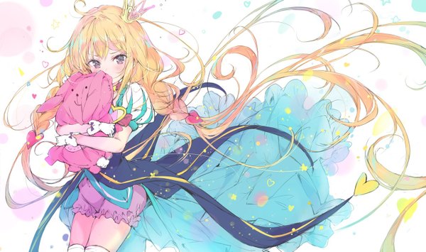 Anime picture 1417x839 with idolmaster idolmaster cinderella girls futaba anzu pulp piroshi single looking at viewer blush blonde hair wide image payot braid (braids) very long hair pink eyes wind puffy sleeves twin braids messy hair star!! girl gloves