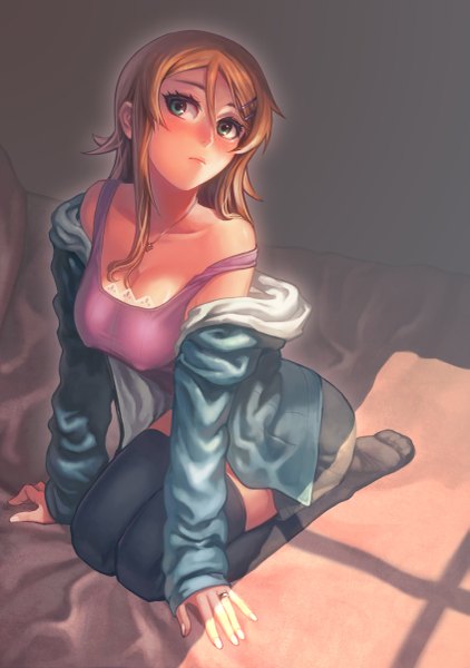 Anime picture 845x1200 with ore no imouto ga konna ni kawaii wake ga nai kousaka kirino gamerag single long hair tall image looking at viewer blush breasts blue eyes light erotic brown hair bare shoulders cleavage open clothes open jacket erect nipples covered nipples girl thighhighs