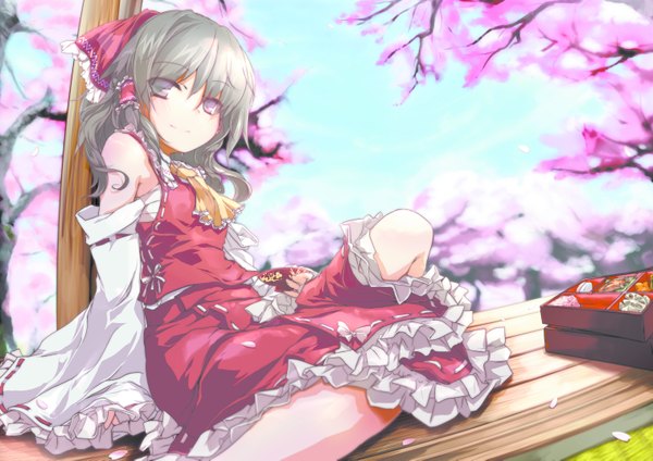 Anime picture 3035x2149 with touhou hakurei reimu ayuyanaka no hito single long hair looking at viewer blush fringe highres smile brown hair sitting twintails bare shoulders brown eyes absurdres cherry blossoms girl dress skirt