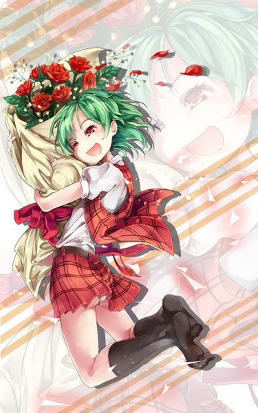Anime picture 1000x1600 with touhou kazami yuuka asutora single tall image blush short hair open mouth light erotic red eyes holding looking away ass :d green hair wind puffy sleeves plaid skirt jumping zoom layer
